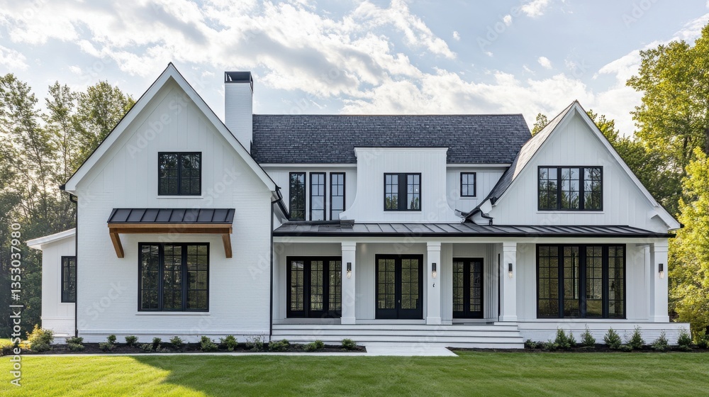 A brand new, white contemporary farmhouse with a dark shingled roof and black windows. A brand new, white contemporary farmhouse with a dark shingled roof and black windows.