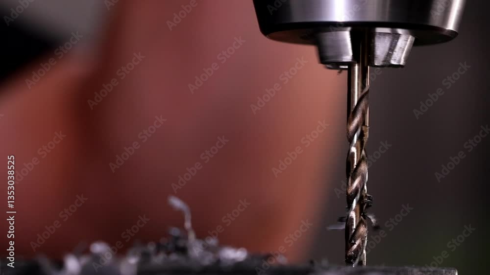 Master’s hand starts the vertical drilling machine, spinning the drill bit Master’s hand starts the vertical drilling machine, spinning the drill bit
