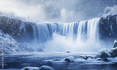 Fototapeta Naklejka Na Ścianę i Meble -  A frozen waterfall is shown in the snow