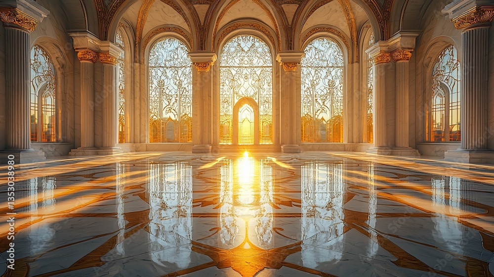Sunlit grand hall with arched windows and marble floor.