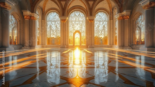 Obraz na płótnie Sunlit grand hall with arched windows and marble floor. w salonie