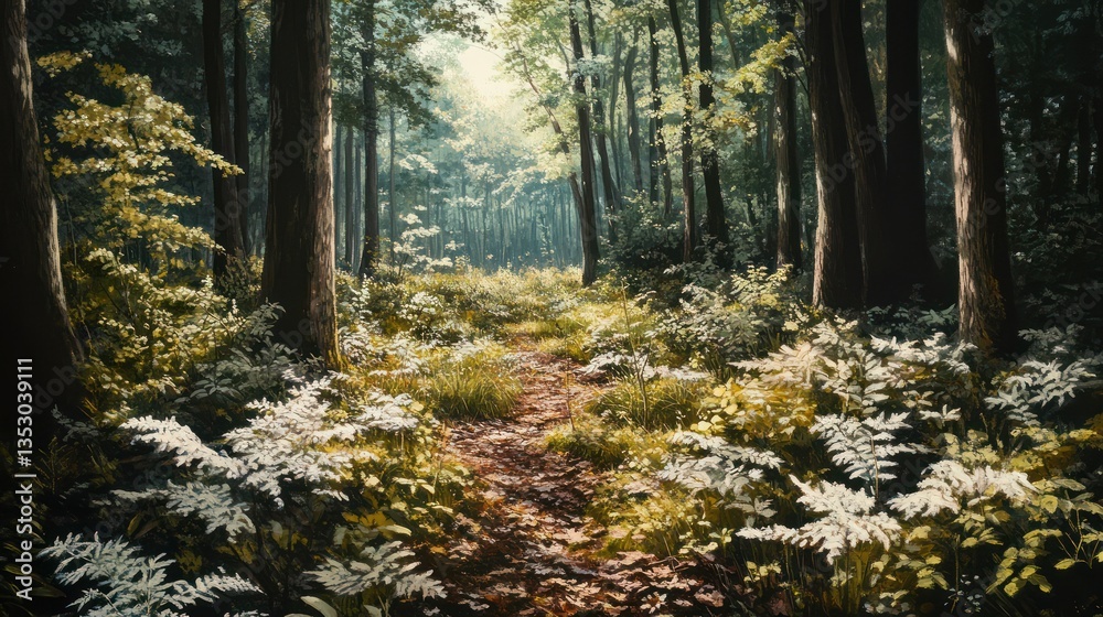 Obraz premium Sunlit Forest Path, Ferns, Lush Greens, Sunlight, Tranquil, Nature, Background, Wallpaper, Peaceful