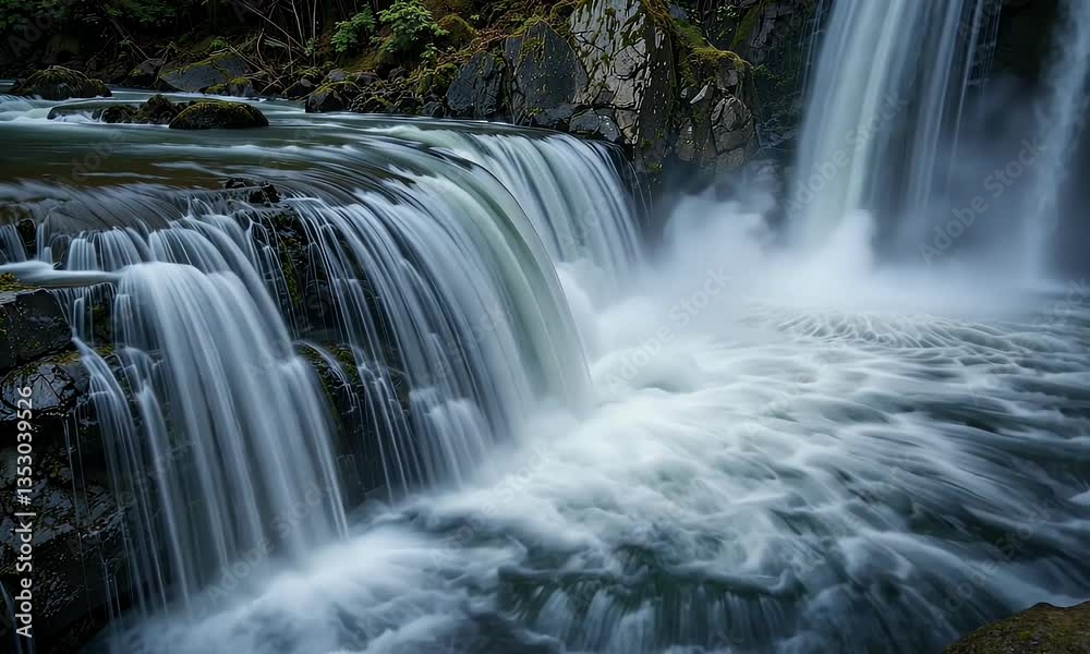 Waterfall Cascade Over Rocks Showing Smooth Water Flow in Tranquil Nature Scene Waterfall Cascade Over Rocks Showing Smooth Water Flow in Tranquil Nature Scene