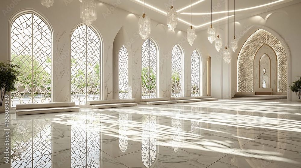 Sunlit Modern Mosque Interior with Marble Floor and Ornate Windows.