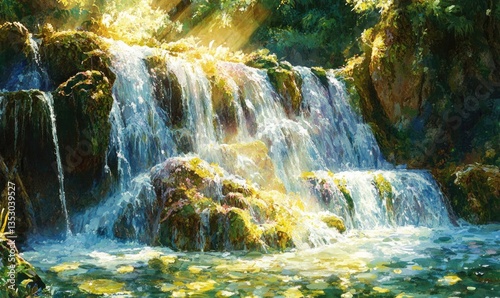 A painting of a waterfall with a bright sun shining on it