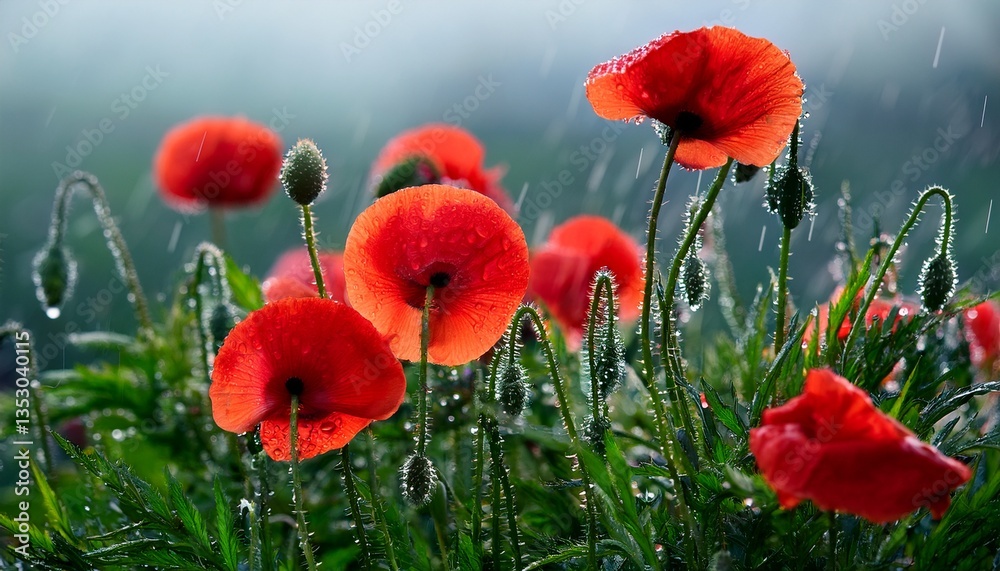 Fototapeta premium Poppy flowers in the garden at sunset moment