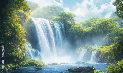 A waterfall with a rainbow in the background