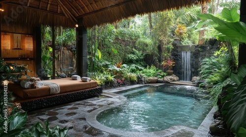 Tropical villa  private plunge pool  lush garden  waterfall backdrop  relaxation