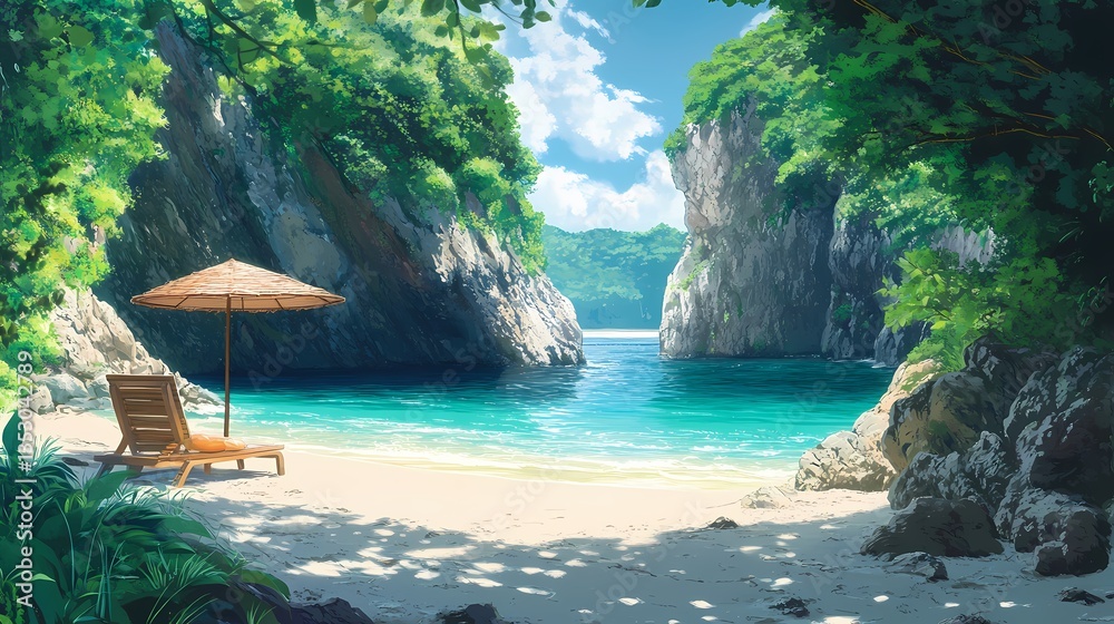 Obraz premium A beautiful tropical beach scene with turquoise water, cliffs, a beach umbrella, and lush green vegetation, creating a serene and tranquil atmosphere.