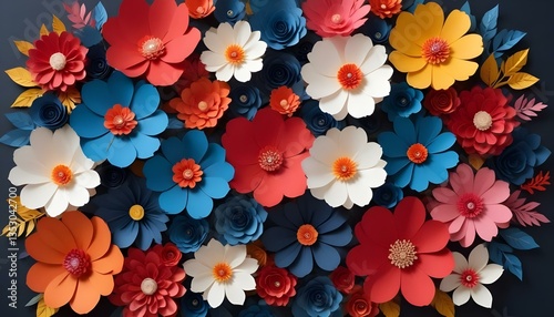 Wallpaper Mural A vibrant and colorful arrangement of paper flowers, each meticulously crafted with distinct textures and hues, set against a dark background Torontodigital.ca