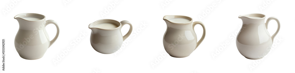 Four white milk jugs, each filled to a different level, complete with handles and spouts. Four white milk jugs, each filled to a different level, complete with handles and spouts.