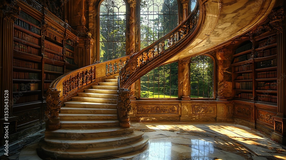 Elegant spiral staircase in a grand library.
