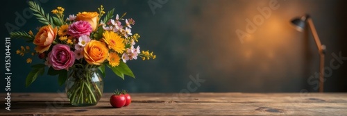 Wallpaper Mural Spring Floral Bouquet on Wooden Table with Lamp Bulb, light bulb, floral arrangement, lamp Torontodigital.ca
