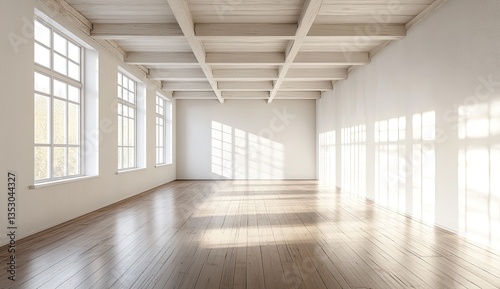 Empty, sunlit room with large windows and exposed beams
