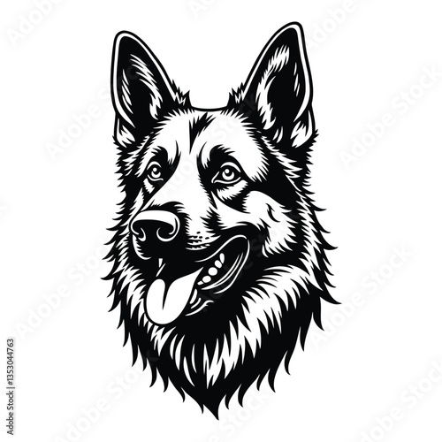 High-Quality German Shepherd Silhouette for T-Shirts and Tattoos, Stylized German Shepherd Dog Head Logo Design, Detailed Black and White German Shepherd Vector Illustration