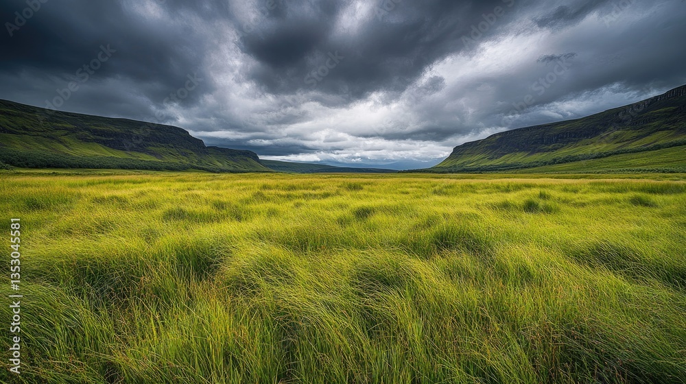 Obraz premium A field of tall green grass with rolling hills in the background under a cloudy sky