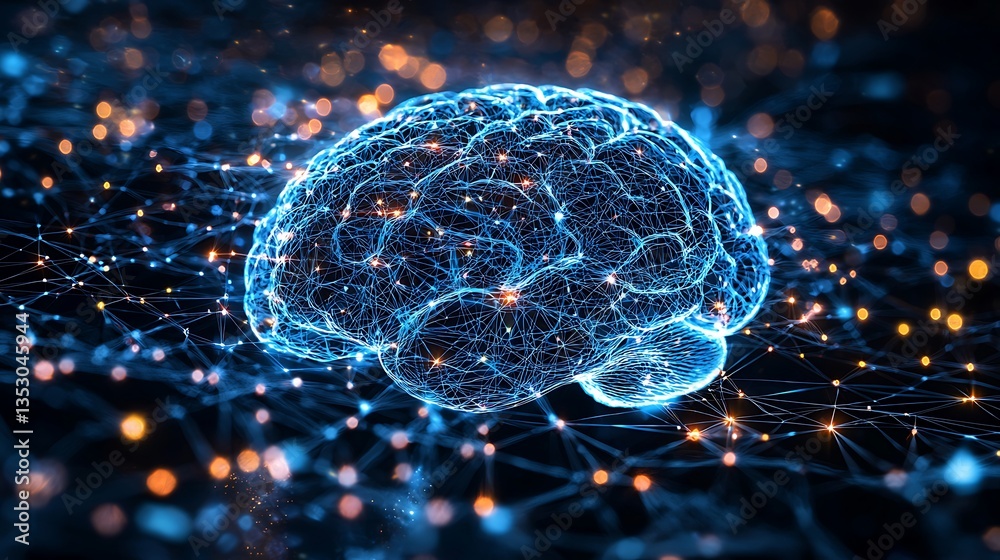 Glowing digital brain, neural network, AI.