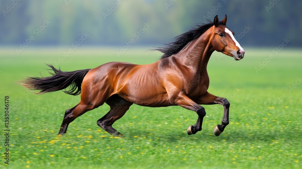 Obraz premium A galloping wild horse caught mid-motion in the vast and open green grassland