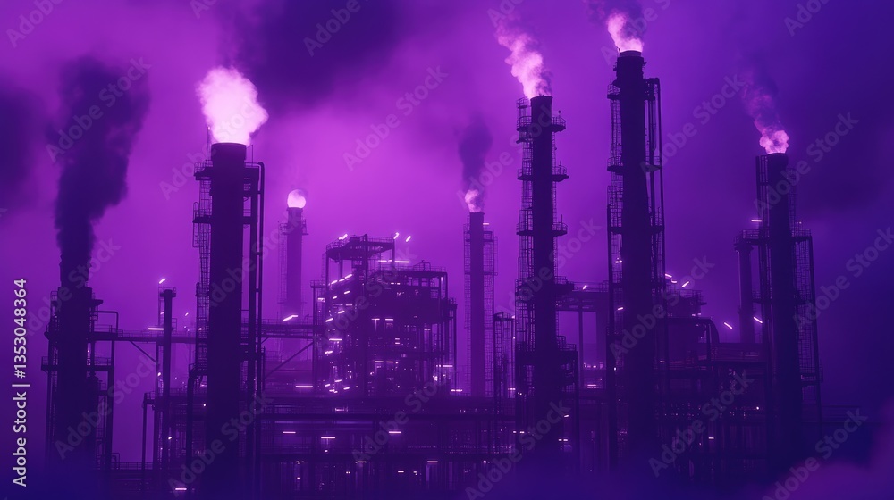 Fototapeta premium A massive oil refinery at dusk with an intense purple sky background