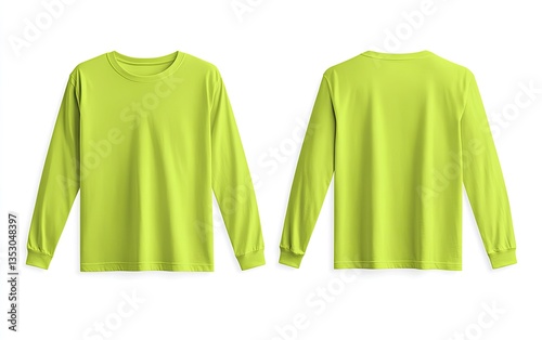 Lime green long-sleeve t-shirt mockup.  Front and back views