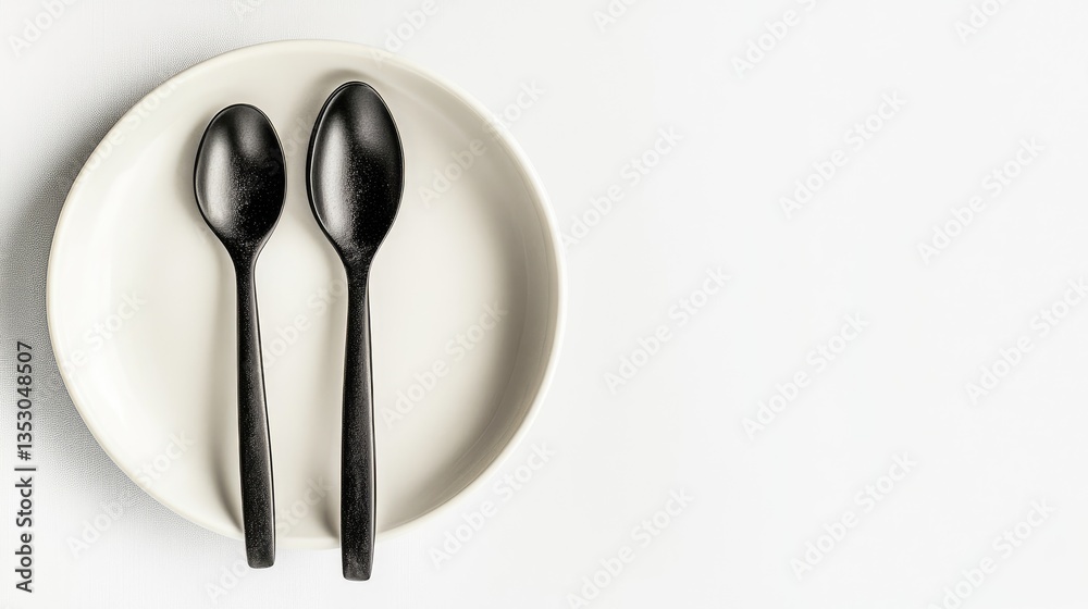 A matte black dinner spoon elegantly positioned on a glossy white plate A matte black dinner spoon elegantly positioned on a glossy white plate