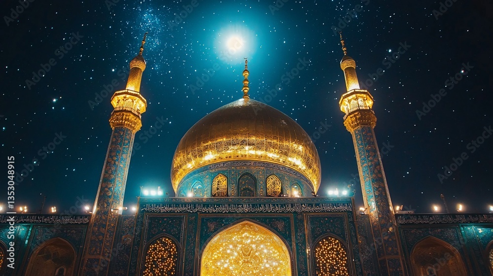 Golden dome mosque at night, illuminated under a bright moon and starry sky.