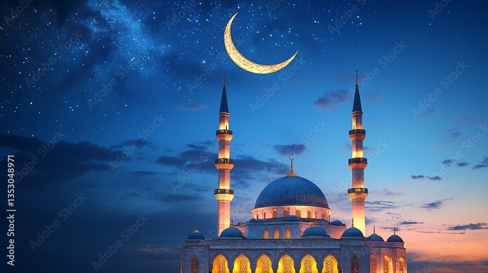 Illuminated mosque at night under crescent moon and starry sky. (1)