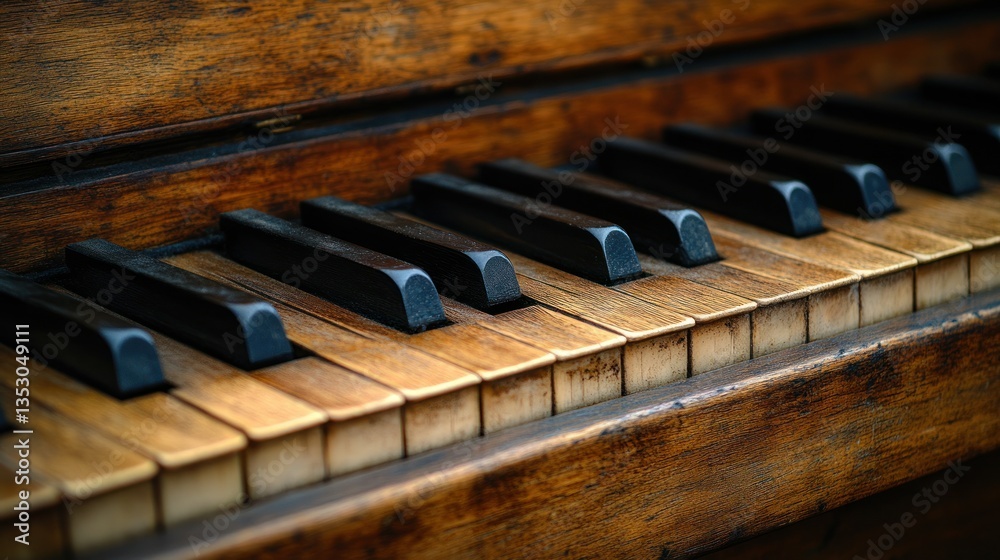 Aged wooden piano keys. Close-up view of vintage piano keys Aged wooden piano keys. Close-up view of vintage piano keys