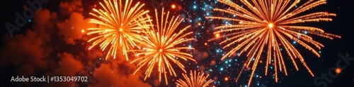 Vibrant yellow fireworks explode in a kaleidoscope of colors as they burst into flames and sparks , hot, firework