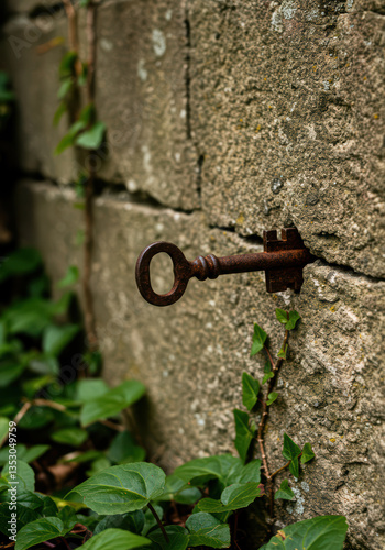 Abandoned Stone Wall with Rusty Keyhole Amid Overgrown Vines: A Hidden Vintage Entrance teeming with Mystery and Nature's Growth