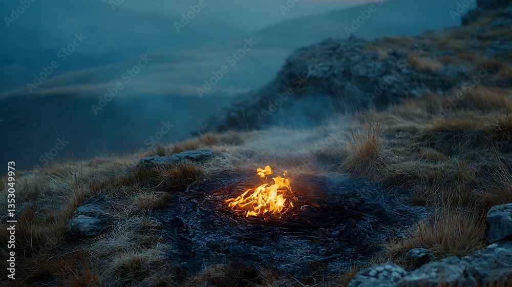 Naklejka premium A small campfire burning brightly on a rocky mountain landscape