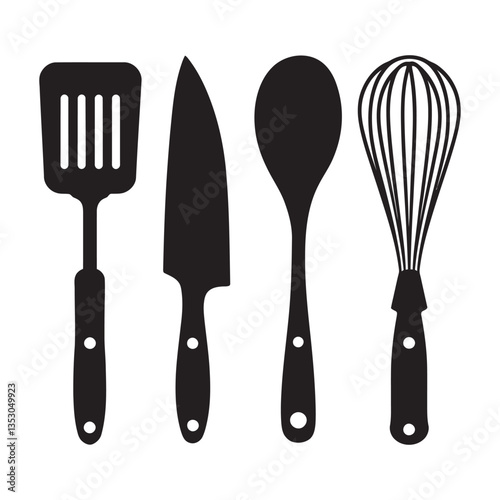 Kitchen utensils spatula knife spoon whisk cooking baking tools equipment culinary chef silhouette illustration