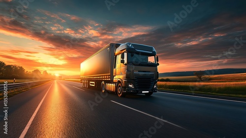 Wallpaper Mural Majestic Sunset View of a Semi Truck Driving on a Highway Torontodigital.ca