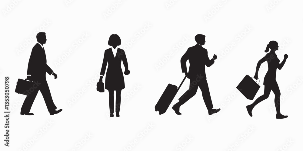 Business people silhouettes walking running with luggage and briefcase vector illustration design concept Business people silhouettes walking running with luggage and briefcase vector illustration design concept