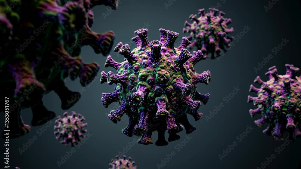Ilustración 3D del coronavirus SARS-CoV-2, mostrando su estructura con proteínas spike en primer plano sobre fondo oscuro.
