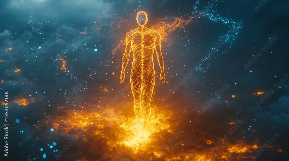 Fiery human figure emerges from flames, ethereal energy.