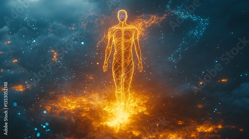Obraz na płótnie Fiery human figure emerges from flames, ethereal energy. w salonie