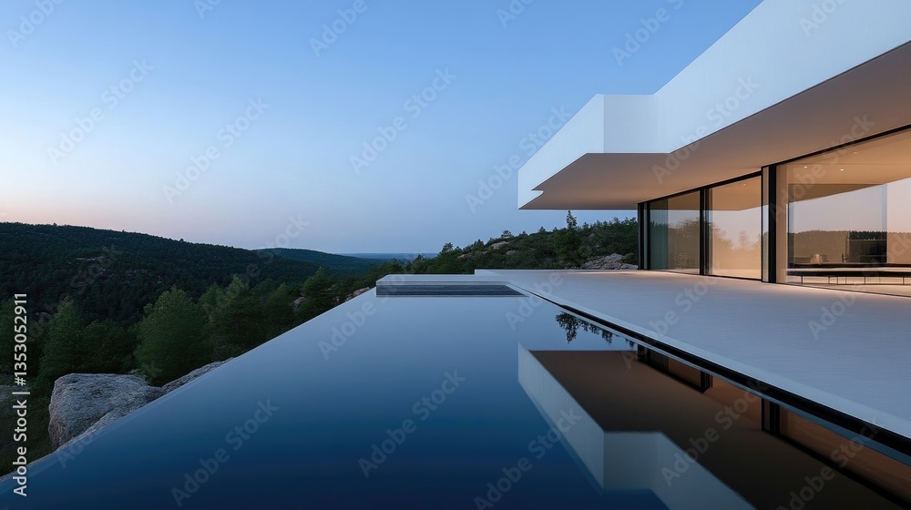 Fototapeta premium Modern, minimalist villa with infinity pool overlooking scenic landscape