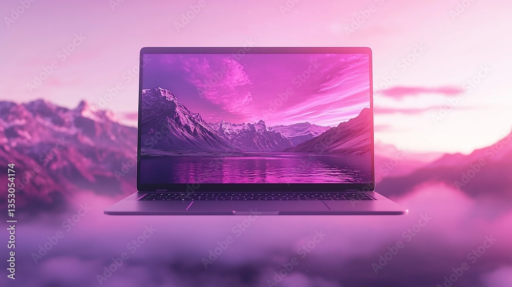 Laptop displaying a scenic mountain lake at sunset.