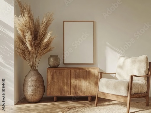 Light-filled, minimalist living room featuring a wooden cabinet, a beige armchair, and a pampas grass arrangement