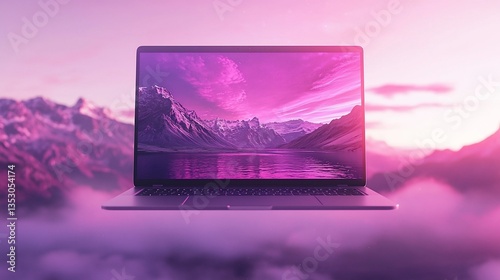 Obraz na płótnie Laptop displaying a scenic mountain lake at sunset. w salonie