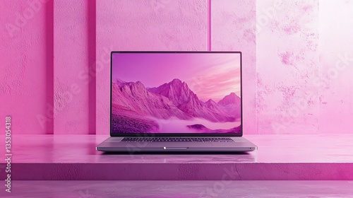 Obraz na płótnie Laptop displaying scenic landscape against pink background. w salonie