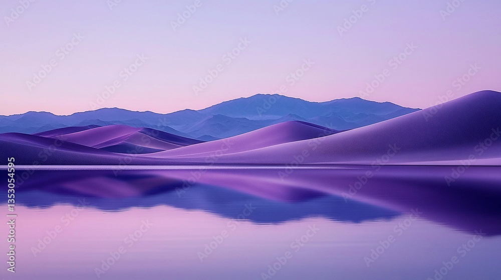 Purple mountains reflected in still lake at dawn.
