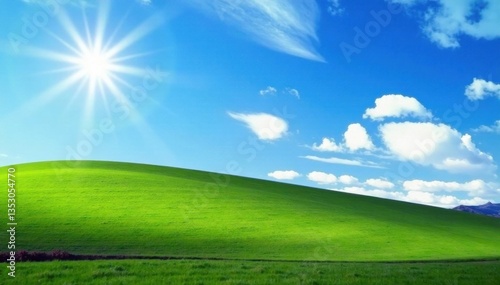 A bright blue sky with fluffy white clouds peeking out from behind a sun-kissed hillside , hills, sunny day, blue sky