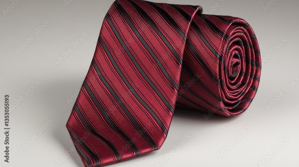 Fototapeta premium Classic red striped tie with a glossy finish, elegantly placed on a neutral backdrop