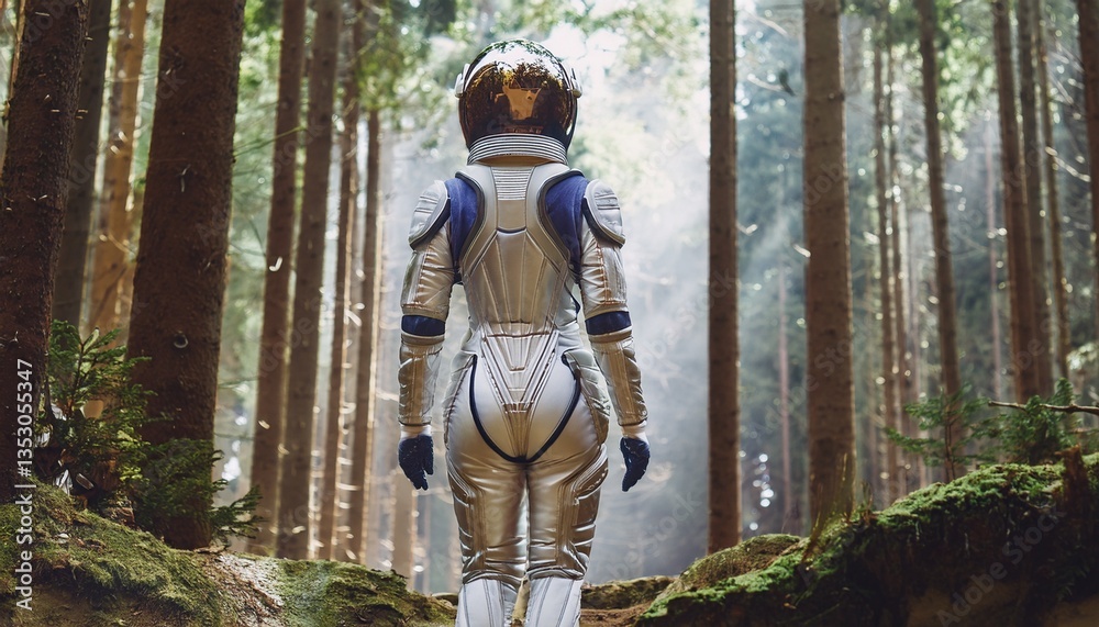 Fototapeta premium The space suit shines brightly against the lush greenery. 