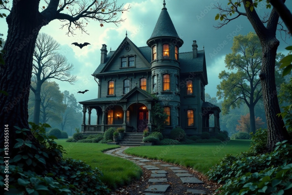 A haunted mansion with overgrown gardens and creepy decorations like spider webs and bats, dark, mansion A haunted mansion with overgrown gardens and creepy decorations like spider webs and bats, dark, mansion