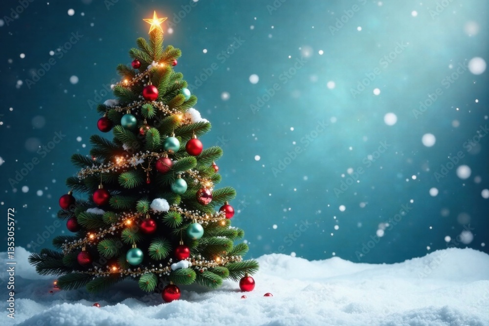 A majestic fir tree with colorful garlands and ornaments against a snowy backdrop, holiday decorations, wintery scene, snow-covered tree A majestic fir tree with colorful garlands and ornaments against a snowy backdrop, holiday decorations, wintery scene, snow-covered tree