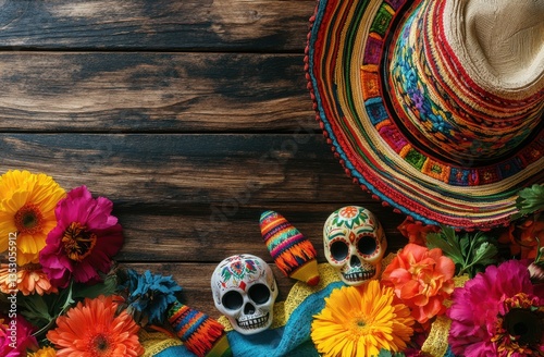 Dia de los Muertos Sombrero and Skulls on Wood