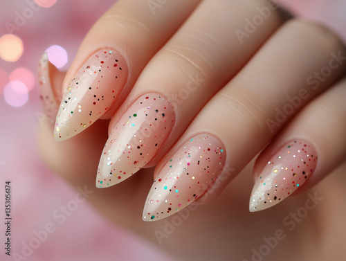 Close-up of stiletto nails with peach-colored polish and multicolored glitter. Elegant Birthday manicure design with sparkling accents.